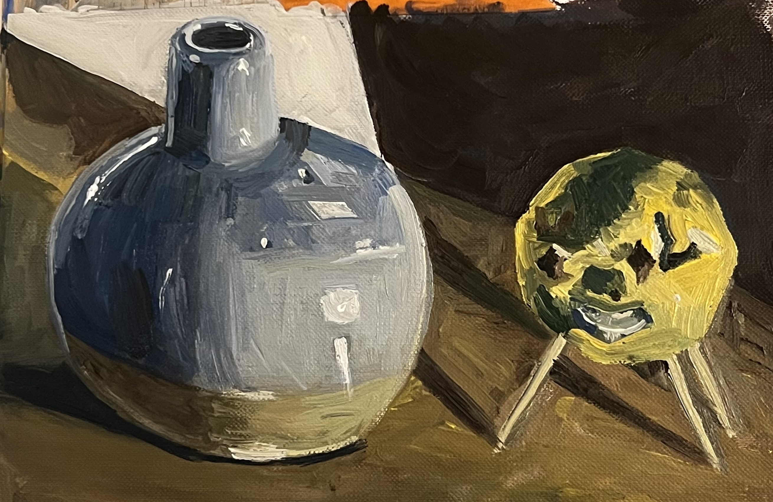 Oil painting of a vase and a lemon pig